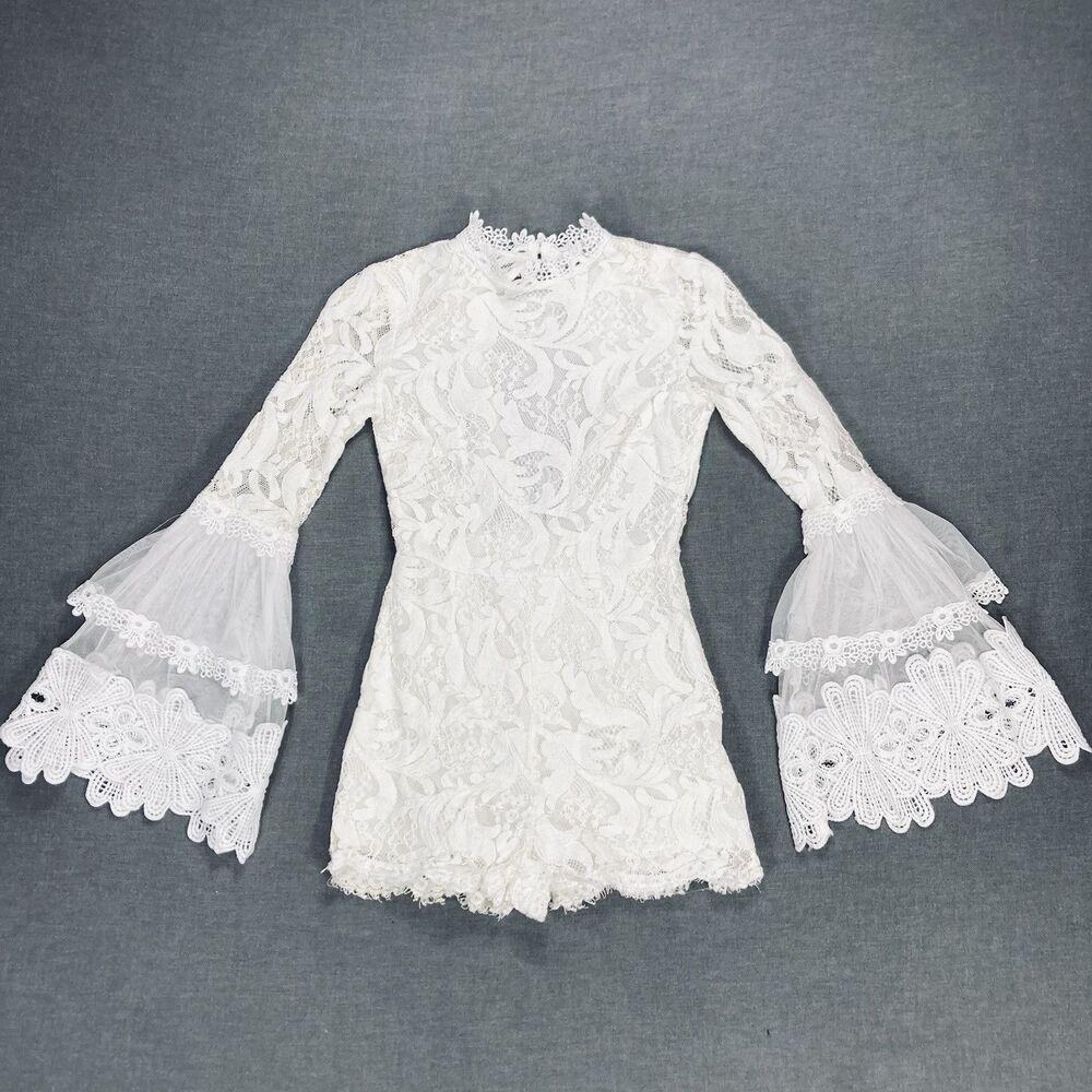 Fashion Nova Lace Up Romper XS Cottage Core Grandma Core Lace Open Back Jumpsuit